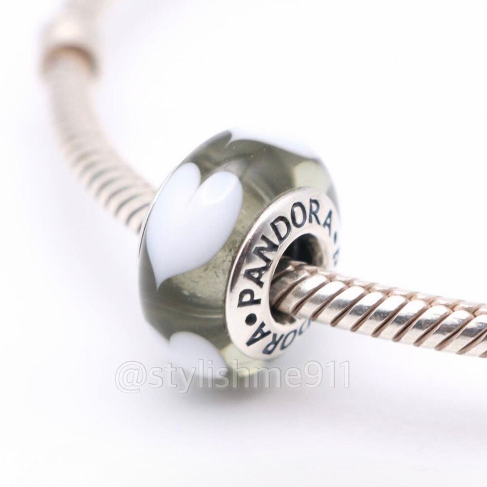 Authentic PANDORA Clear with White Hearts Murano Glass Charm